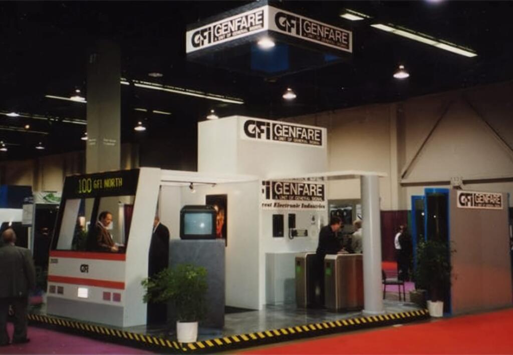 GFI Genfare bus-themed booth at a conference