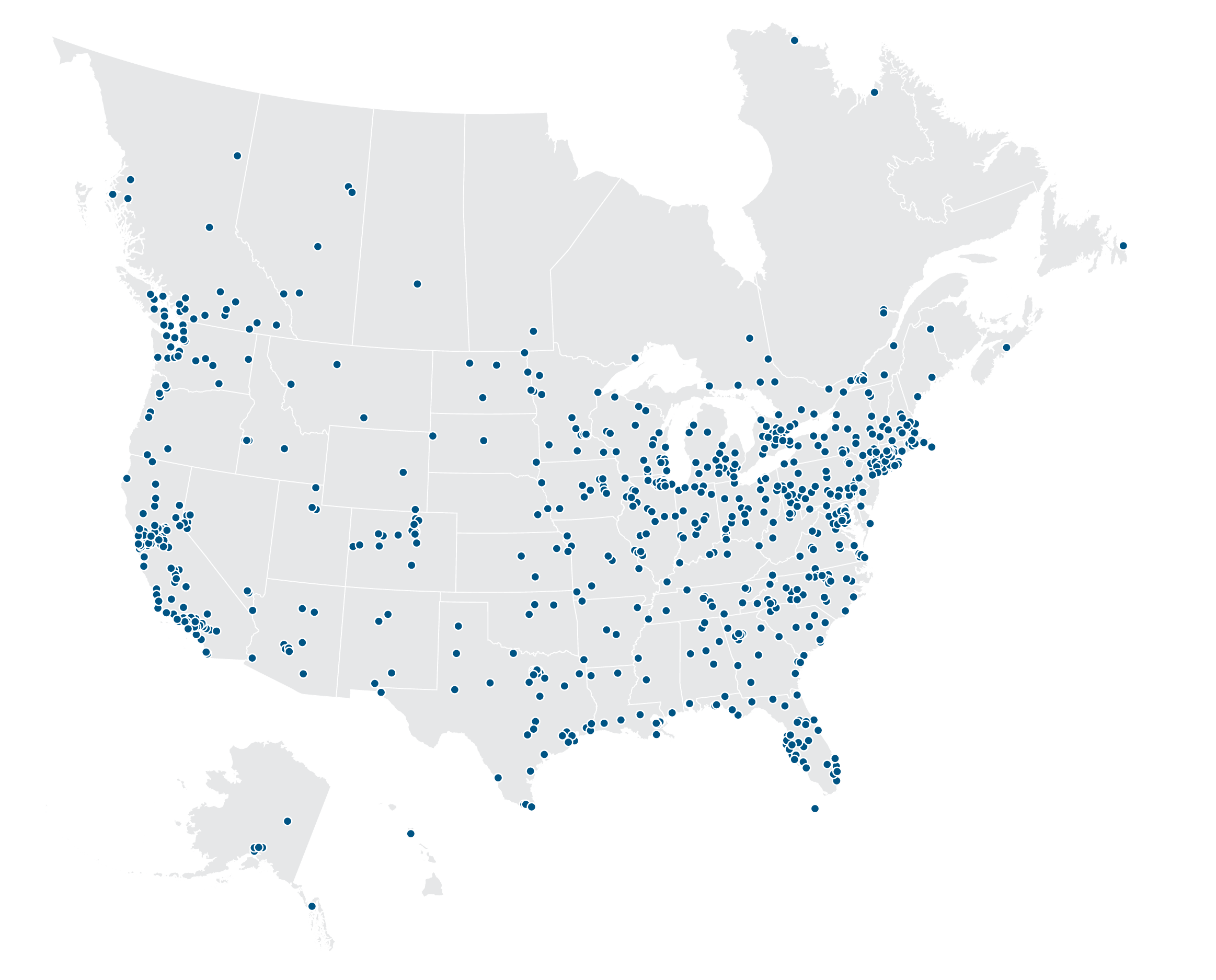 North American map with dots indicating transit agencies that are Genfare customers