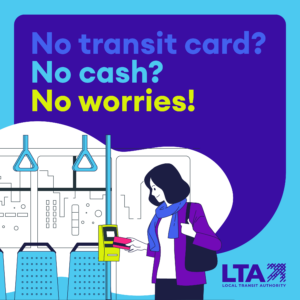 Illustration of woman tapping transit card to validator with caption: No transit card? No cash? No worries!