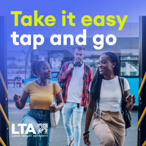 Photo of three youth boarding a bus with caption: Take it easy, tap and go