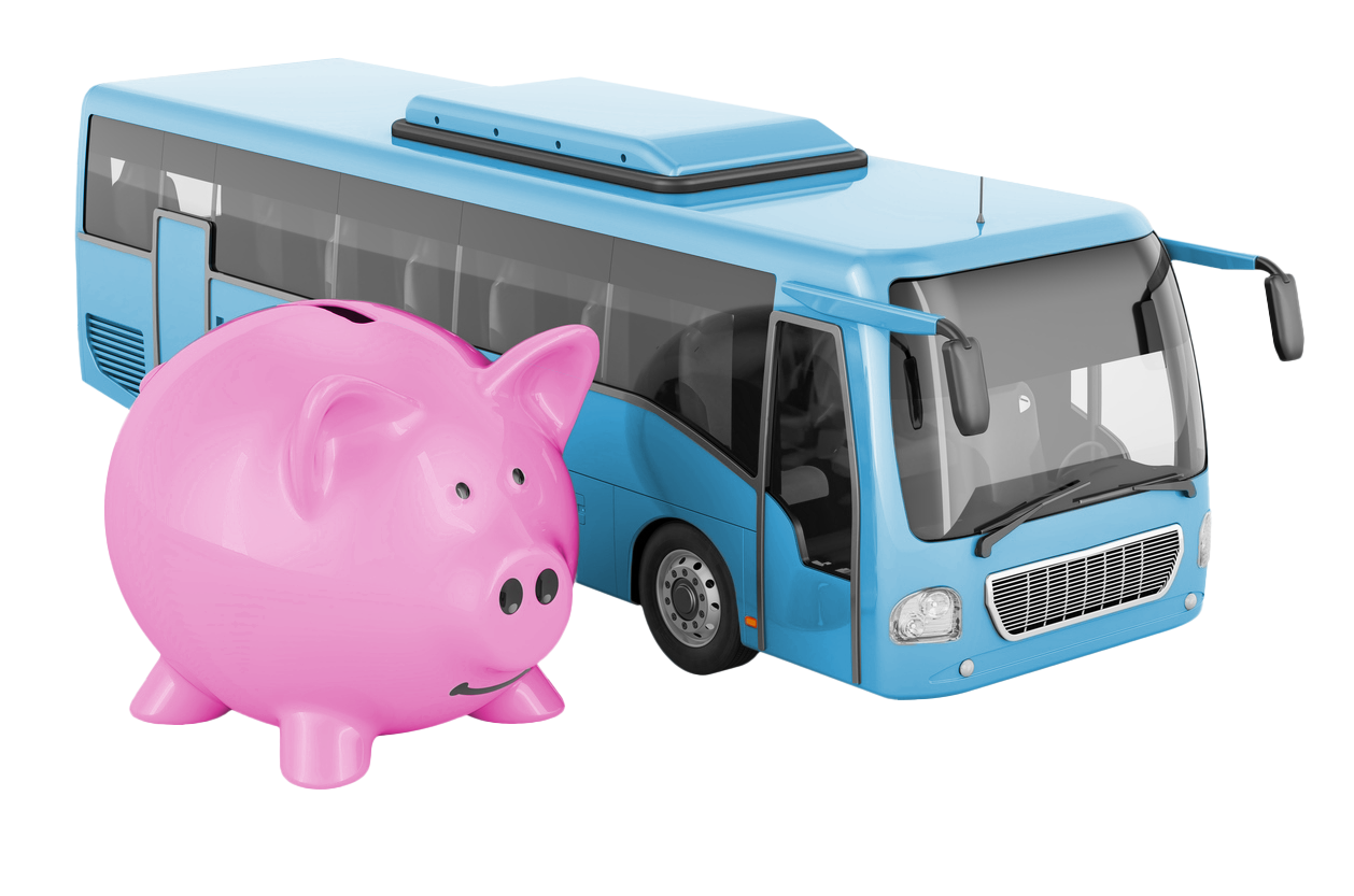 save money image showing a blue toy bus and a pink piggybank