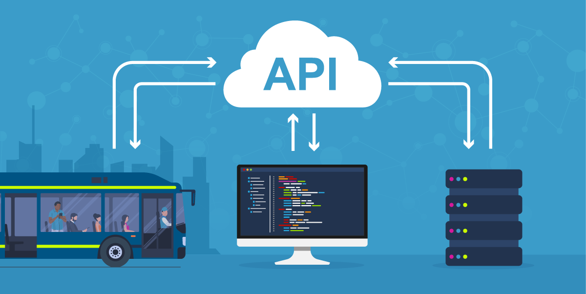 Interoperability graphic with bus, computer, server, and cloud